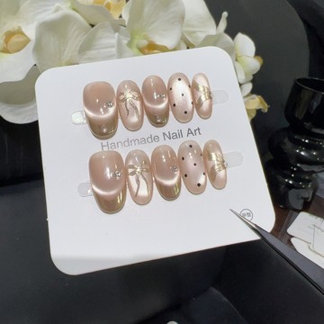 ☀️Hannah☀️優選爆款【金粉飄帶】甜妹風蝴蝶結波點穿戴甲金色法式貓眼日常百搭顯白款中款2026新款上新MJ11