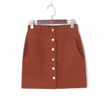 夏季女裝法式復古簡約純色前排扣A字裙高腰雙口袋修身半身裙