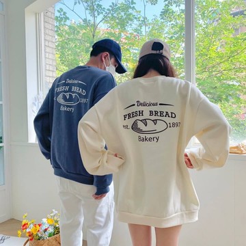 【AMERO】男裝 女裝 長袖刷毛大學T 麵包印花 情侶裝