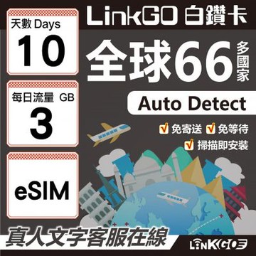 LINKGO白鑽卡 全球66國 eSIM卡 10天上網卡 每日3GB(全球網卡 亞洲 歐洲 美洲 大洋洲 非洲)