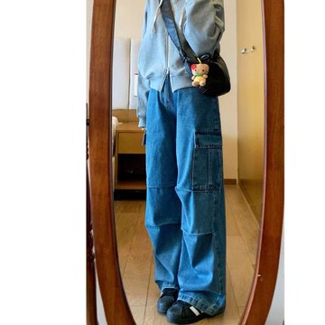 mrzp高級感工裝褲女冬季美式松弛感寬松直筒多袋牛仔褲