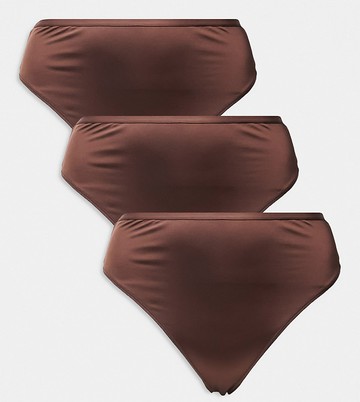 ASOS DESIGN Curve 3 pack microfibre high waist thong in brown