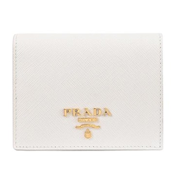 PRADA 1MV204 金屬LOGO防刮皮革對開扣式零錢短夾.白色