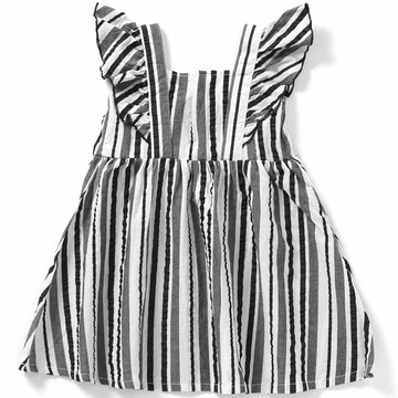 日本 BREEZE - 荷葉肩夏日定番無袖洋裝-直條紋-黑