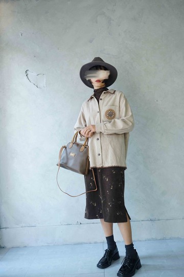 設計手作-森林系深棕麂皮絨春天小碎花過膝裙