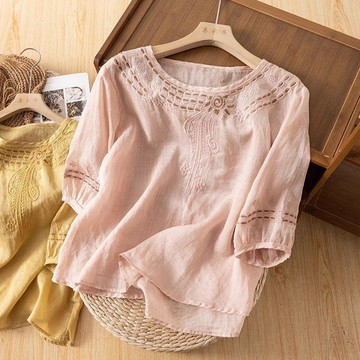 25復古襯衫女夏國風顯瘦棉麻套頭七分袖上衣4880711