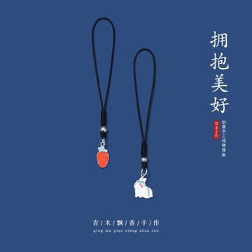 情侶手機掛繩S925銀月兔可愛手工編織吊墜短鏈掛件男女款套裝飾品