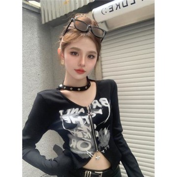 早秋美式復古掛脖拉鏈開叉短款長袖T恤女辣妹設計感小眾緊身上衣