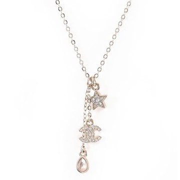 CHANEL 水鑽CC LOGO星星水滴吊墜鎖骨鍊/項鍊(淡金)