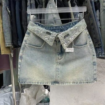 美式水洗翻領設計感半身裙小眾鑲鉆刺繡淺藍色a字牛仔短裙女辣妹