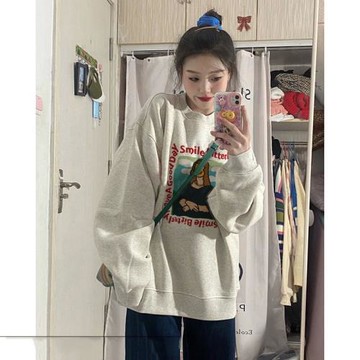 胖妹妹mm灰色印花衛衣女秋季薄款韓版大碼寬松圓領套頭上衣潮ins