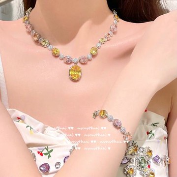 威尼斯公主漸變鵝黃色寶石項鏈復古高級感 鍍18K金彩寶粉鋯石手鏈