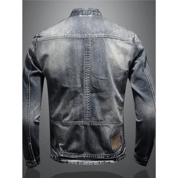 秋冬新款男士牛仔外套歐美休閑復古修身立領拉鏈夾克騎行機車服潮