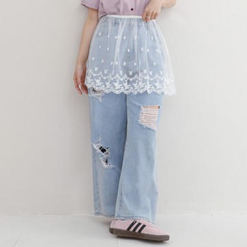 日系鬆緊蕾絲外搭短裙