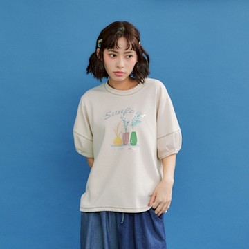 【Dailo】小清新花束配色爬線繭型袖短袖上衣 藍 白 杏