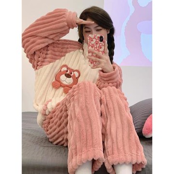 女法蘭絨加大碼卡通可愛拉鏈睡衣