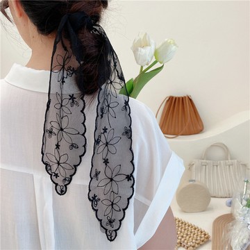 發帶刺繡小花朵絲巾女小蕾絲秋款洋氣時尚裝飾頭巾領巾百搭長飄帶