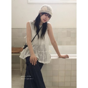 BAi白媽媽 鏤空綁帶背心／疊穿勾織針織無袖罩衫－【360130】