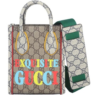 GUCCI 古馳  Exquisite 卡其藍雙色帆布斜背/手提迷你托特包