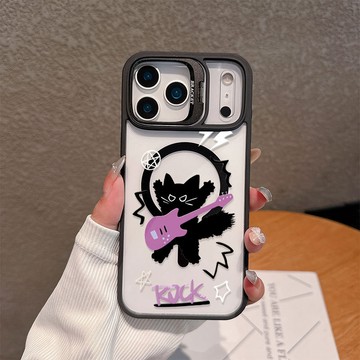 吉他瘋狂黑貓 適用iPhone17ProMax手機殼 16 13 12 14 15 11 全包邊防摔硬殼 鏡頭支架磁吸殼