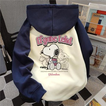 可愛史努比印花連帽學生衛衣女2025春秋拼接oversize情侶上衣ins