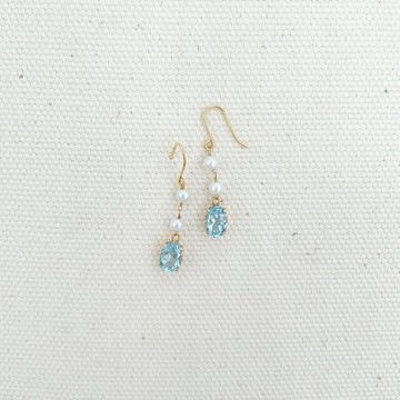 午茶系列  天藍托帕石 雙日本珍珠 黃18K金 垂墜耳環 輕珠寶飾品
