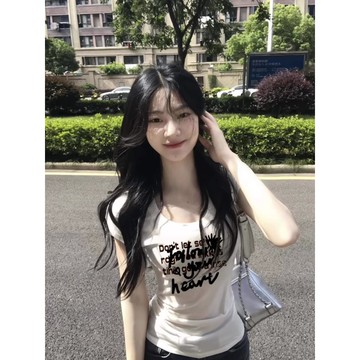 美式辣妹印花短袖t恤女2025新款掐腰顯瘦白色上衣