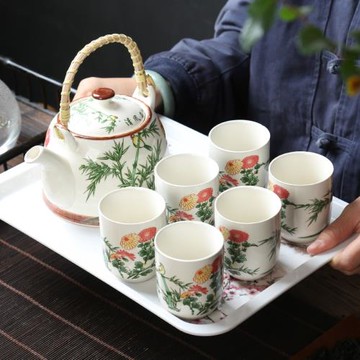 家用陶瓷復古青花提梁壺茶具套裝帶過濾茶壺茶杯公司開業活動送禮