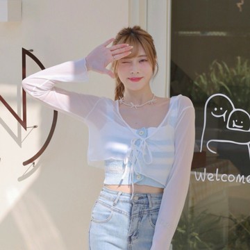 透膚網紗雙綁帶長袖罩衫 JN0701 【現貨】