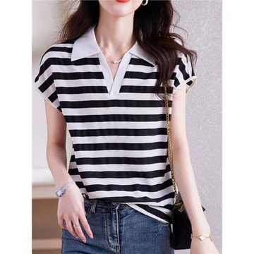 條紋翻領短袖T恤女2024夏季新款薄款透氣簡約百搭套頭小衫T恤上衣