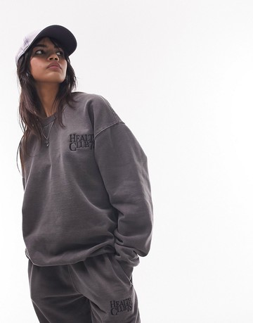 Topshop co ord graphic vintage wash health club sweat in charcoal-Black