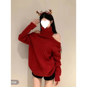 2025秋冬新款純欲慵懶風高領露肩鏤空小眾設計感寬松顯瘦針織毛衣