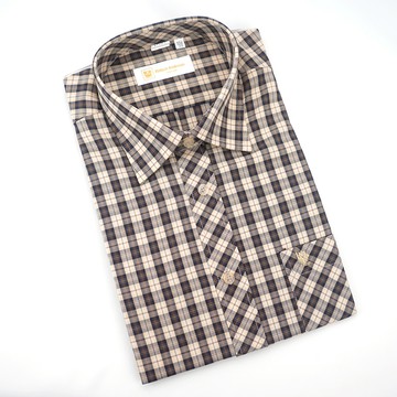 【金‧安德森】咖啡色經典小格紋窄版短袖襯衫