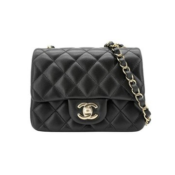 Chanel 展示品 Coco 淡金logo羊皮方胖斜背包-17cm(A35200-黑)