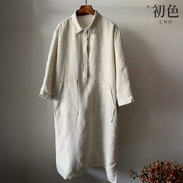 初色 復古棉麻風純色翻領長袖襯衫上衣女上衣-共2色-10570(M-2XL可選)