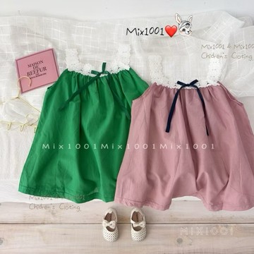 🌈✨mix1001清涼❤️拼接緹花造型蝴蝶結🎀背心短洋裝✨兒童無袖背心上衣✨ 5-17