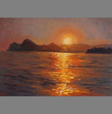 日落風景畫原創海洋海灘藝術山脈藝術品