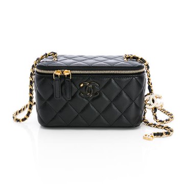 CHANEL香奈兒 經典菱格紋羊皮鏈條化妝盒/單肩包(黑金)