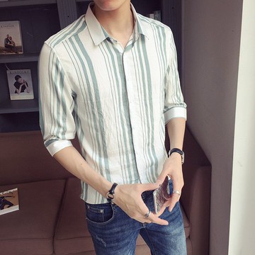 FINDSENSE H1 2018  夏季 新款 帥氣 修身 綠條紋 中袖 百搭 襯衫 休閒   潮流 時尚 男 襯衫