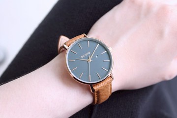 Siempre簡約玫瑰金色法國真皮錶帶對錶手錶 / SI-11002 黛綠 女款