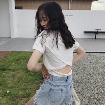 古著感少女早春短袖t恤女2020韓版寬松露背小眾設計感學生上衣服