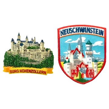 A-ONE 匯旺 德國新天鵝堡冰箱磁鐵 + 新天鵝堡文青電繡2件組 C130 + 95  Multicolor combination  磁鐵:2.64 x 2.09inches，布藝徽章:2.5 x 3.1inches