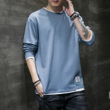 假兩件長袖t恤男純色寬松新疆純棉上衣春秋季圓領白色打底衫薄款