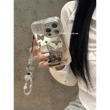 guanview ins風小眾電鍍銀色蝴蝶鏡面殼適用iPhone16ProMax蘋果15補妝鏡子手機殼14/13鏈條12高級感11軟防摔