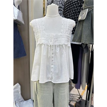 2025夏季新款韓版寬松花邊拼接減齡通勤氣質顯瘦百搭棉麻背心上衣