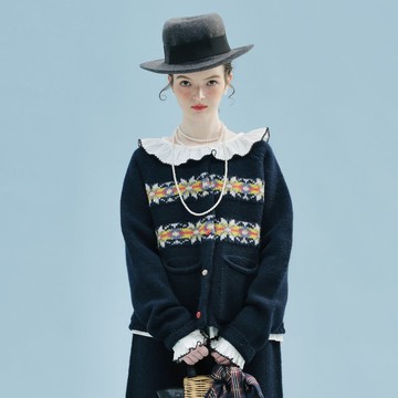 復古花藍色純羊毛粗針織外套