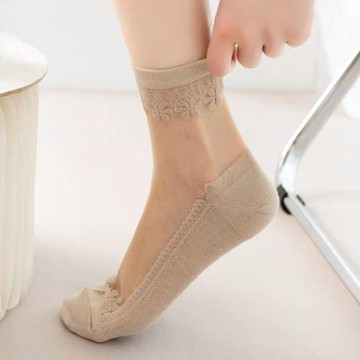 純棉底絲襪女短薄款秋水晶玻璃冰絲透氣耐磨透明蕾絲花邊中筒襪子