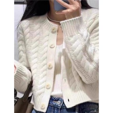 秋冬新款羊絨麻花開衫女寬松加厚扭花短款毛衣針織外套100%純羊毛