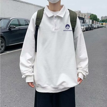 POLO衫男春秋季薄款港風oversize寬鬆純色衛衣翻領潮流ins外套潮