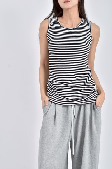 (S) 質感棉質無袖條紋黑色洋裝